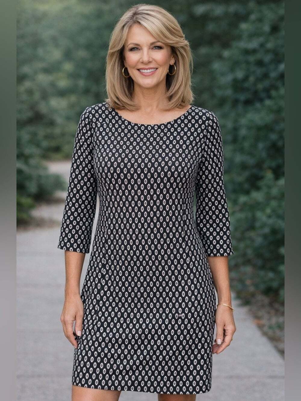 Dex Geometric Shift Dress Blue White 3 4 Sleeve Work Office Casual M